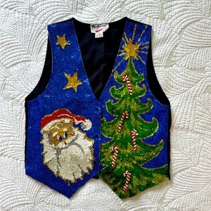 Festive Blue Sequin Christmas Vintage Vest Size S